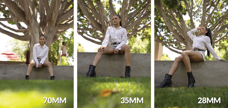 Comparison of three portrait shots taken with different focal lengths showing depth of field variation.