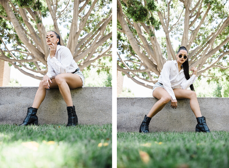 Side-by-side comparison of a woman in white shirt and black boots posing under a large tree.