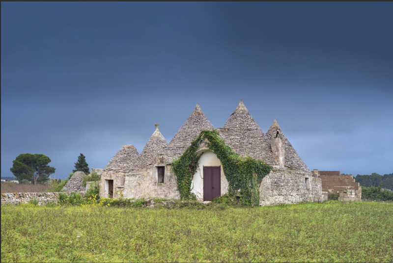 Stone trulli structure with conical roof surrounded by overgrown green vegetation and clear blue sky.