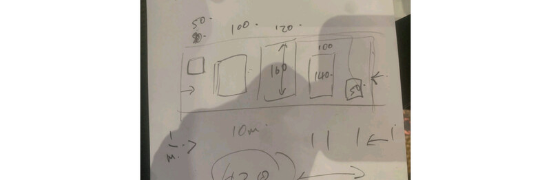 Hand-drawn sketch showing a sequence of photographic frames with varying dimensions and exposure values labeled in degrees and stops.