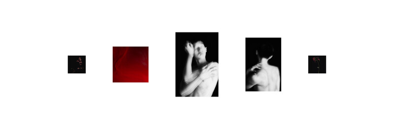 Series of five images arranged horizontally featuring monochromatic and red-toned photographic studies of human figures.