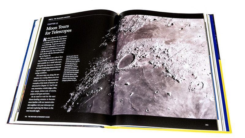 Open magazine spread showing moon surface photography and text article on left page, lunar crater imagery on right.