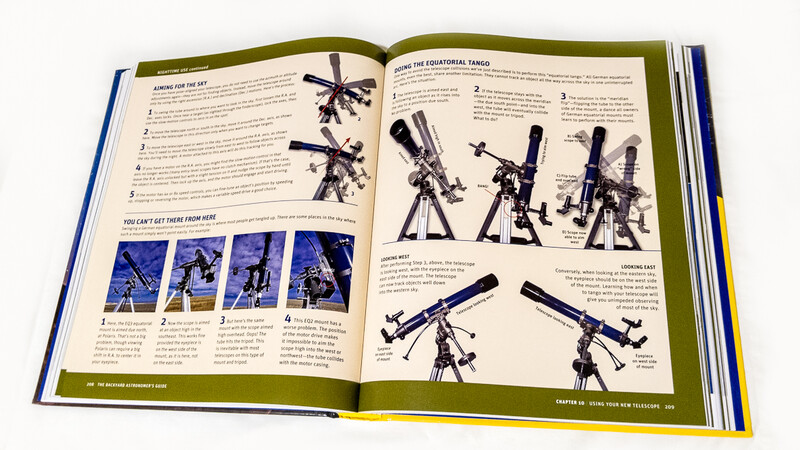Educational manual spread showing telescope types and configurations with diagrams and instructional photographs.