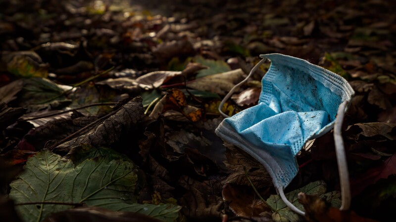 Discarded blue surgical mask lying on dark soil and fallen leaves.