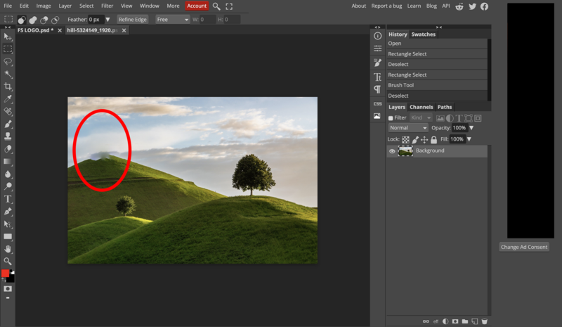 Adobe Photoshop screenshot showing a landscape photo with a red oval selection marking a sky area.