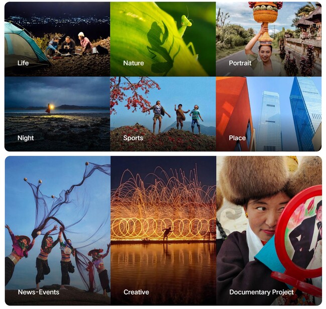 Screenshot of a photography category grid displaying nine labeled sections: Life, Nature, Portrait, Night, Sports, Place, News-Events, Creative, and Documentary Project.