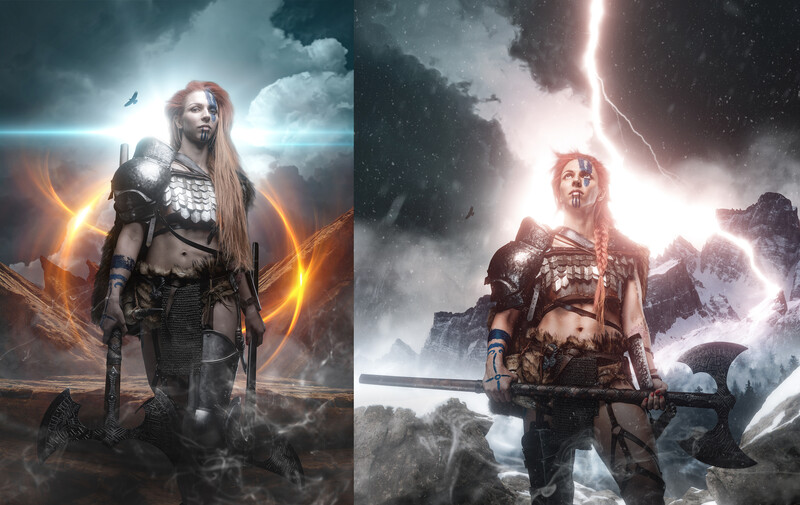 Digital illustration of two armored female warriors with long reddish hair posed against dramatic stormy skies with lightning and glowing light effects.