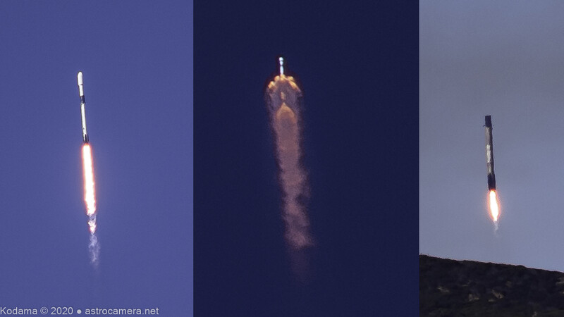 Three rocket launches captured at different stages against twilight and night skies.