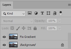 Screenshot of Layers panel in photo editing software showing two layers: Fix Gradient and Background.