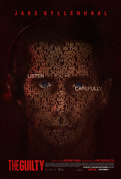 Movie poster featuring a man's face composed of orange and red typography against a dark background.