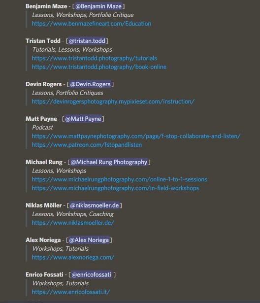 Screenshot listing photography educators and their social media profiles and websites.