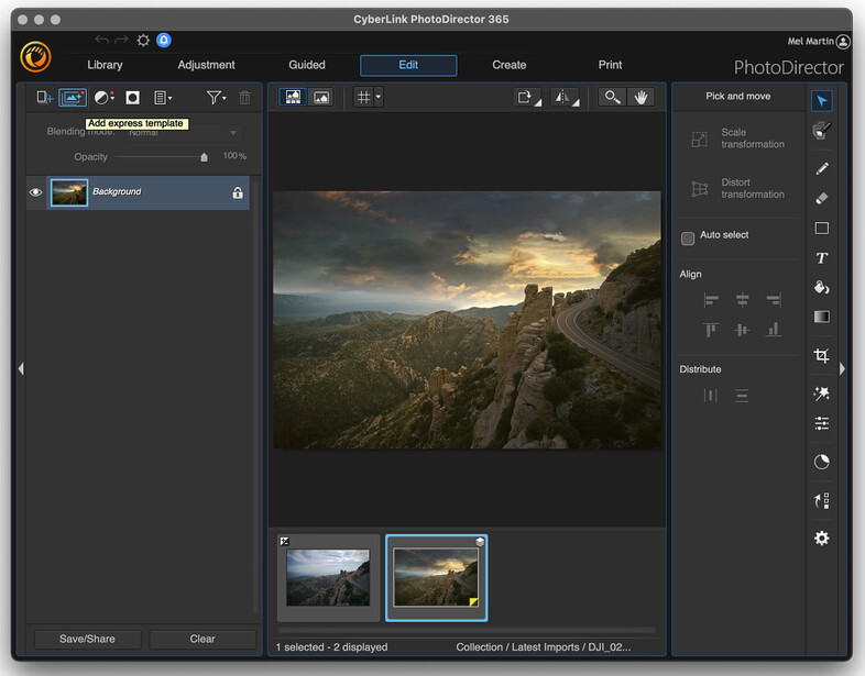 Screenshot of CyberLink PhotoDirector 365 editing software with landscape photograph of a hilltop castle surrounded by forested terrain under dramatic sky.