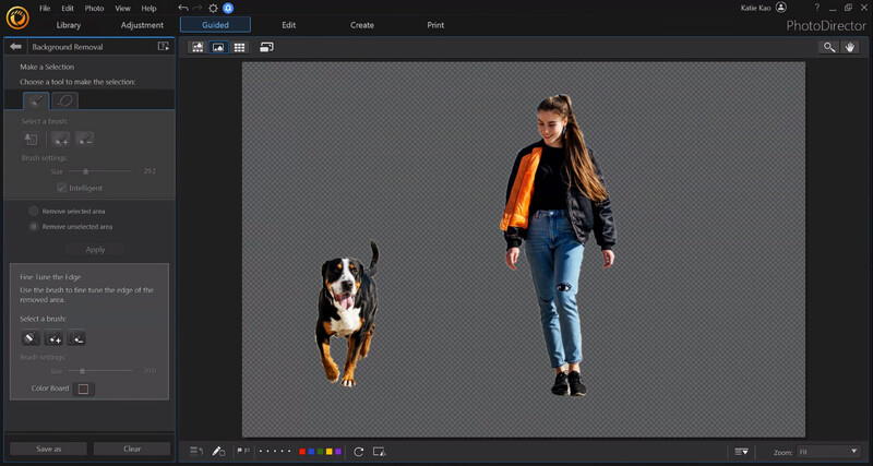Screenshot of PhotoDirector software showing background removal workflow with a woman and dog on transparent canvas.
