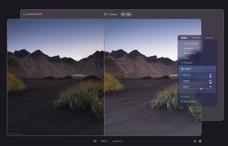 Screenshot of photo editing software showing before and after comparison of a desert landscape with mountains and grass.