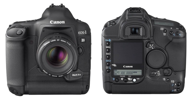 Front and back views of Canon EOS-1D Mark II DSLR camera body.