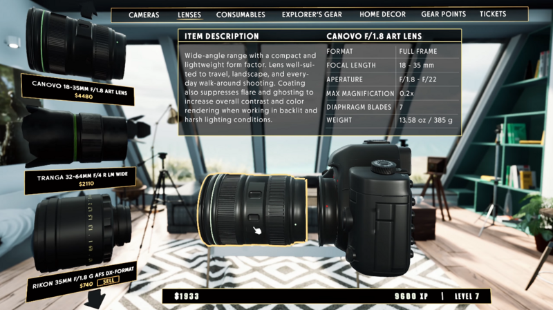 Screenshot of a camera gear product interface displaying a wide-angle lens with specifications and comparison tools.