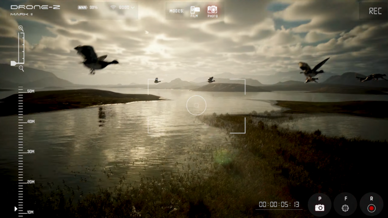 Screenshot of drone camera interface showing birds in flight over a wetland landscape.