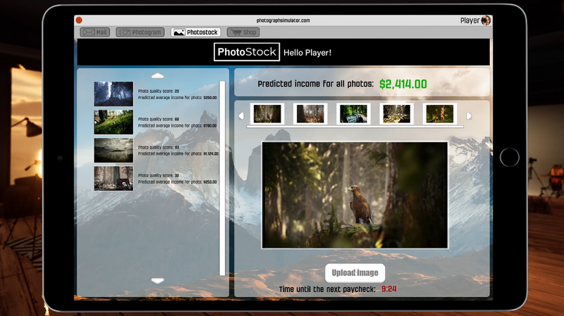 Screenshot of PhotoStock website interface showing wildlife photography portfolio with predicted income of $2,414.00.