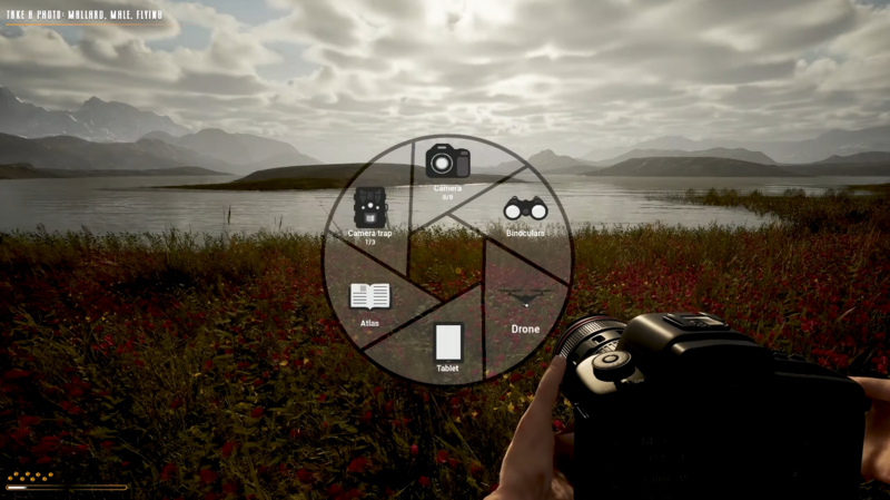 Photographer holding a camera with a circular gear overlay diagram showing equipment options including drone, camera, tablet, and album.