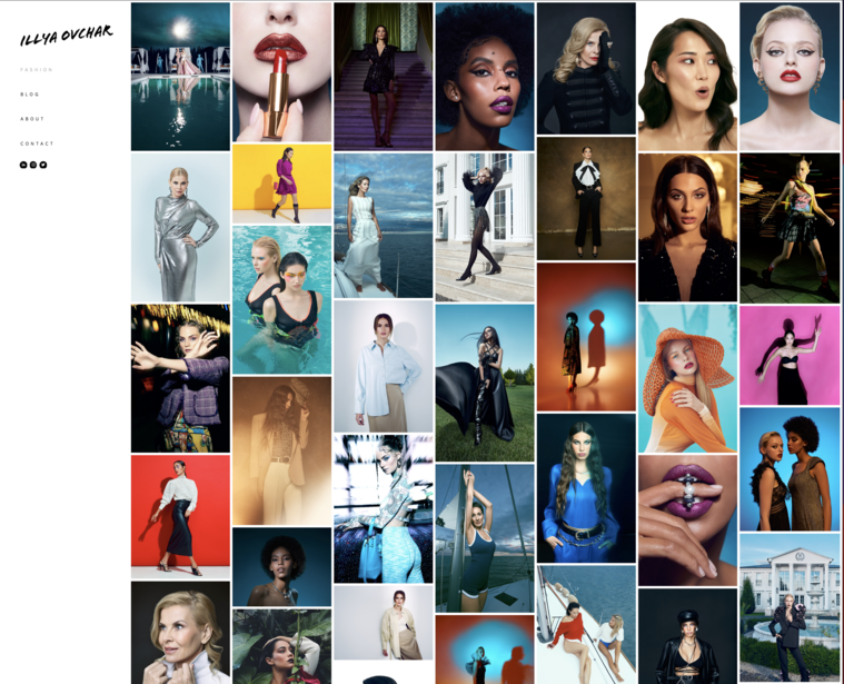 Grid layout of 56 portrait photographs showcasing diverse subjects, lighting styles, and color grading techniques.
