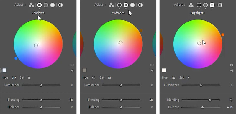 Screenshot of three color adjustment panels showing shadows, midtones, and highlights wheels in photo editing software.
