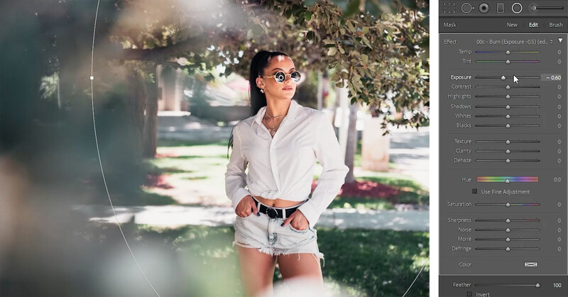 Screenshot of photo editing software showing a woman in sunglasses and white shirt outdoors with adjustment sliders visible.