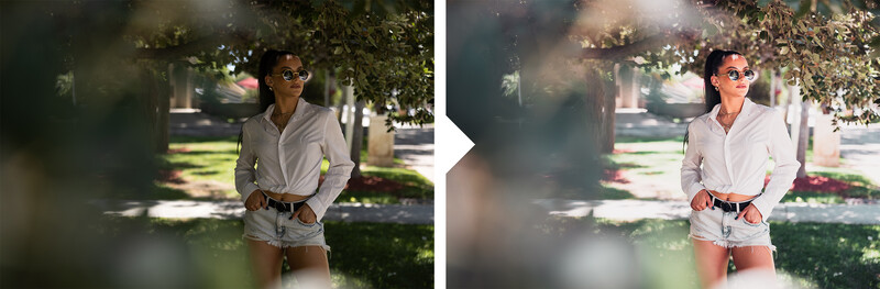 Before and after comparison of a woman jogging outdoors under tree shade, demonstrating post-processing adjustments.