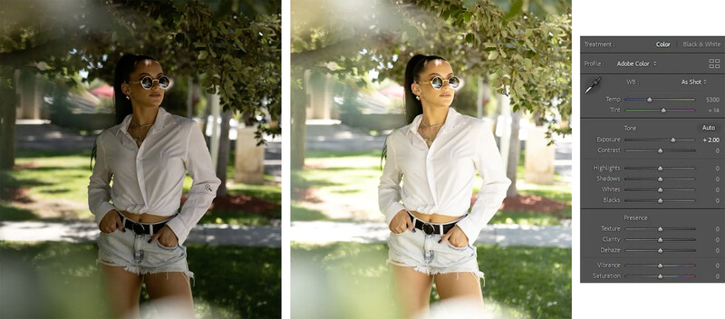 Before and after comparison of outdoor portrait editing showing color correction and tonal adjustments.