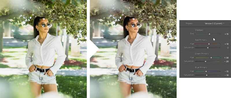 Side-by-side comparison of portrait processing adjustments showing color grading effects on a woman outdoors.