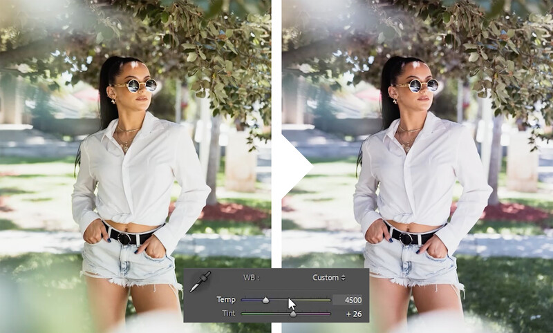 Screenshot of photo editing software showing before and after comparison of a portrait with temperature and tint adjustment controls.