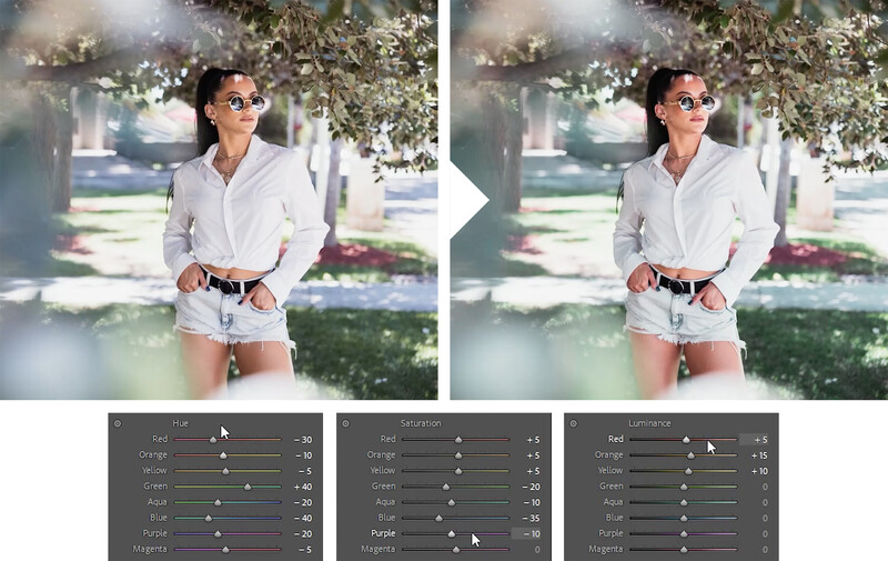 Screenshot of photo editing software showing side-by-side comparison of a portrait with adjustment sliders below.