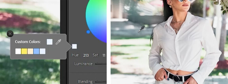 Screenshot of color adjustment panel with custom color swatches and HSL sliders next to portrait of woman in white shirt.