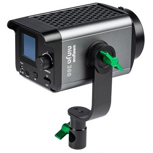 Professional LED video light with articulating arm mount and small LCD display panel.
