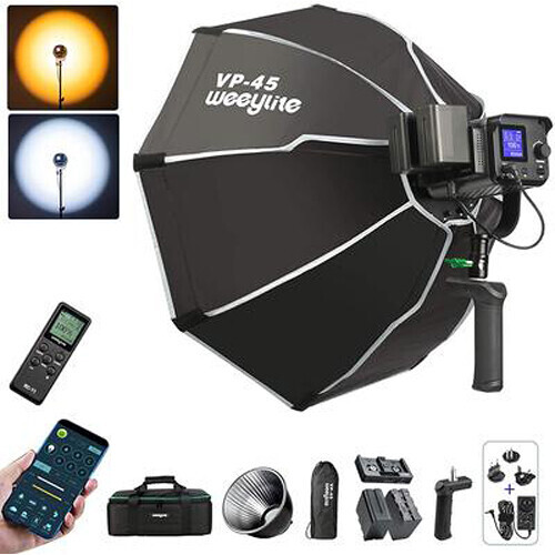 Weeyine VP-45 octagonal softbox lighting kit with remote controls and accessories displayed.
