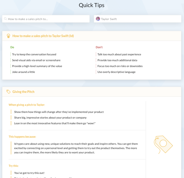 Screenshot of Quick Tips guide with sections on pitch creation, closing techniques, and sales strategies.