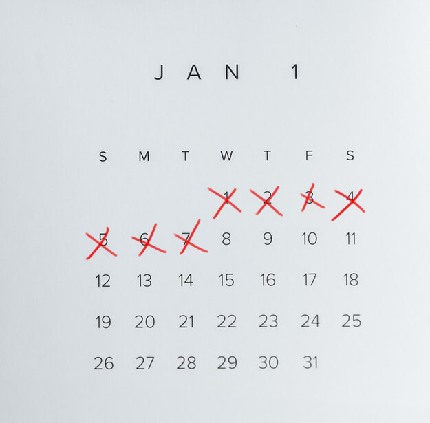 January calendar graphic with red X marks crossed through dates 1-11 and 26-27.