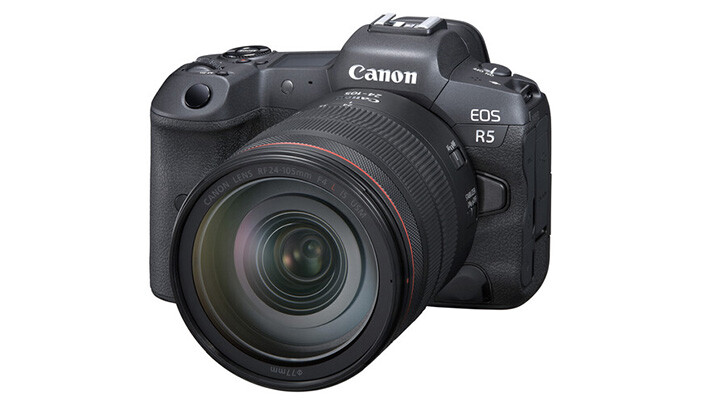 Canon EOS R5 mirrorless camera with RF-mount lens attached, displayed against a white background.