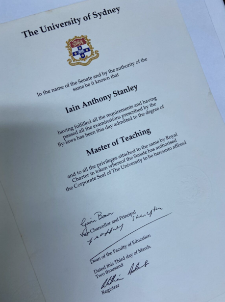 University of Sydney Master of Teaching degree certificate with institutional seal and signatures.