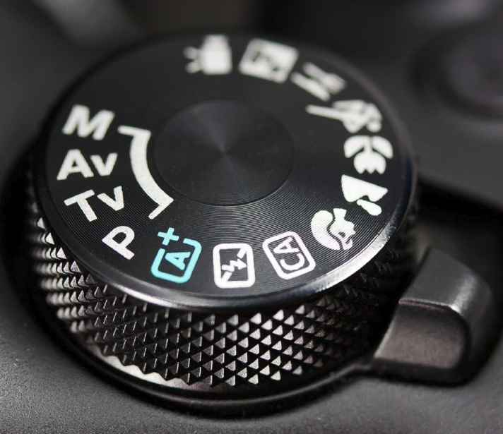 Camera mode dial showing aperture priority, shutter priority, manual, and automatic exposure modes with corresponding icons.