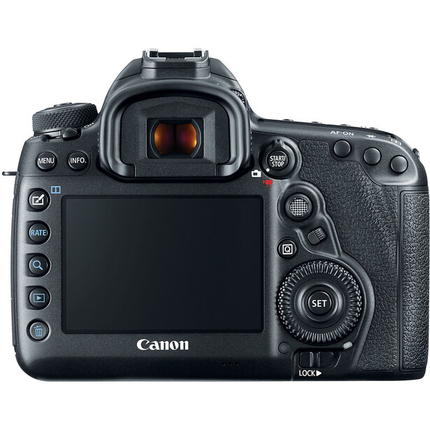 Canon EOS R5 Mark II DSLR camera shown from rear view with LCD screen and control buttons visible.