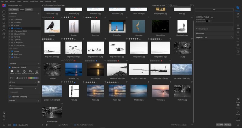 Screenshot of a photo library management interface displaying a grid of thumbnail images organized by folders and collections.
