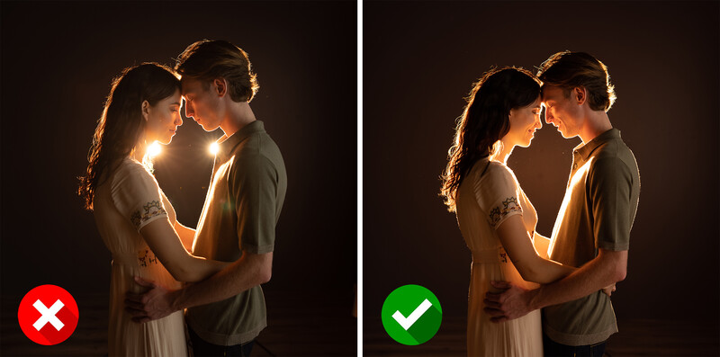 Comparison of two intimate couple portraits with different lighting techniques against dark backgrounds.