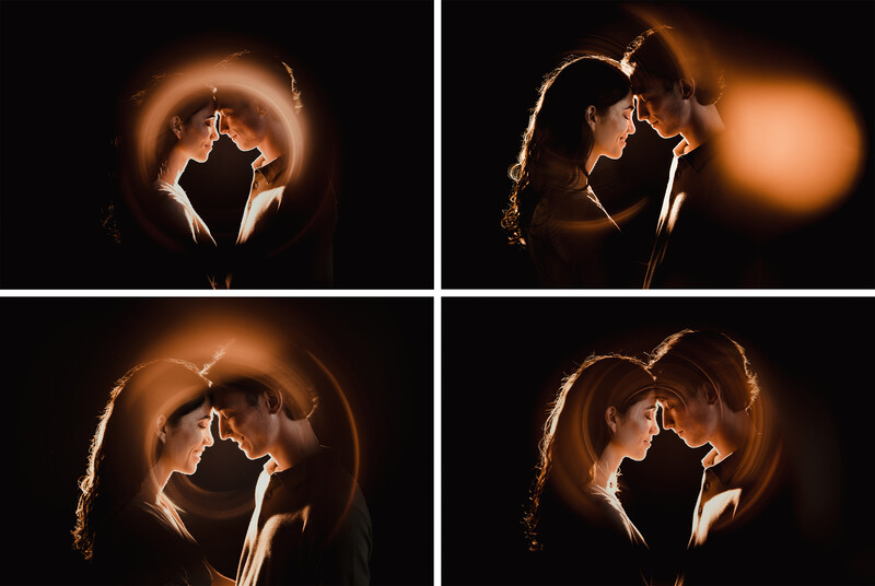 Four-panel sequence of a silhouetted figure backlit by warm golden light, demonstrating dynamic poses and lighting variations.