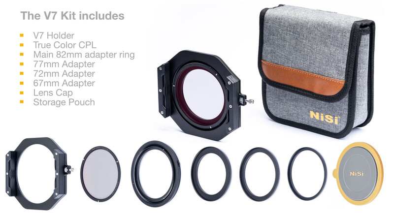 NiSi V7 filter kit components displayed with holder, CPL filter, adapter rings, and storage pouch.