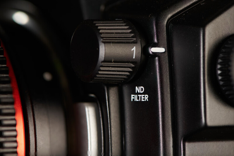 Close-up of an ND filter dial on a camera with settings visible and a numbered adjustment knob.