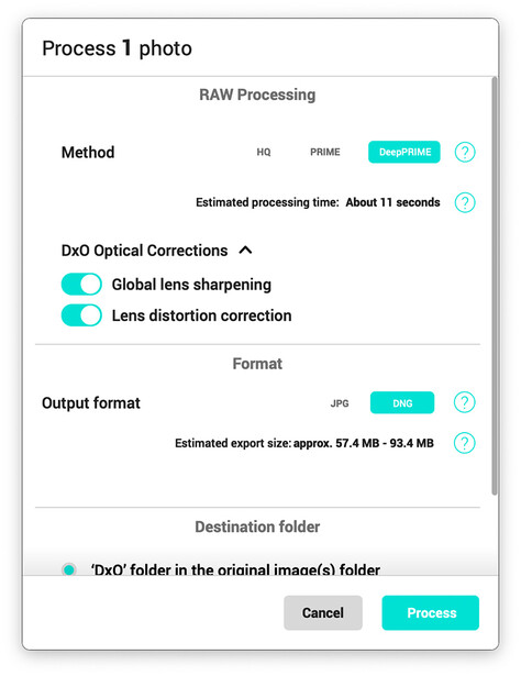 Screenshot of RAW photo processing dialog with DxO Optical Corrections settings and export options.