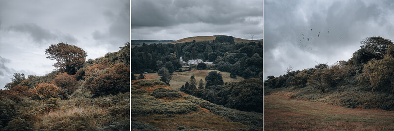 Three landscape compositions showing rolling hills with scattered trees under dramatic overcast skies.