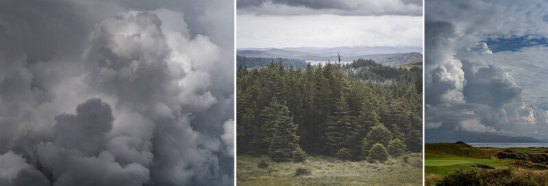 Triptych of landscape photography showing dramatic cloud formations, coniferous forest, and moorland under stormy skies.
