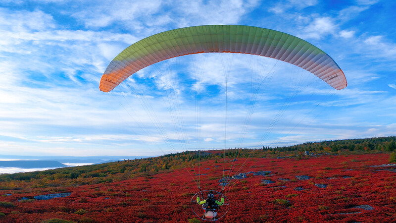 Paraglider descending toward a vast crimson-red landscape with forested ridges and water visible in the distance under blue sky.