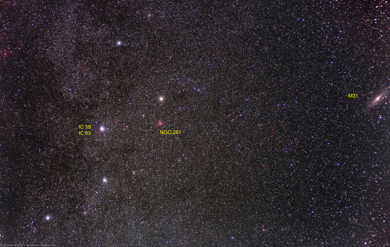 Deep-sky astrophotography showing the Milky Way with labeled nebulae and star clusters including M53, NGC3841, and M101.